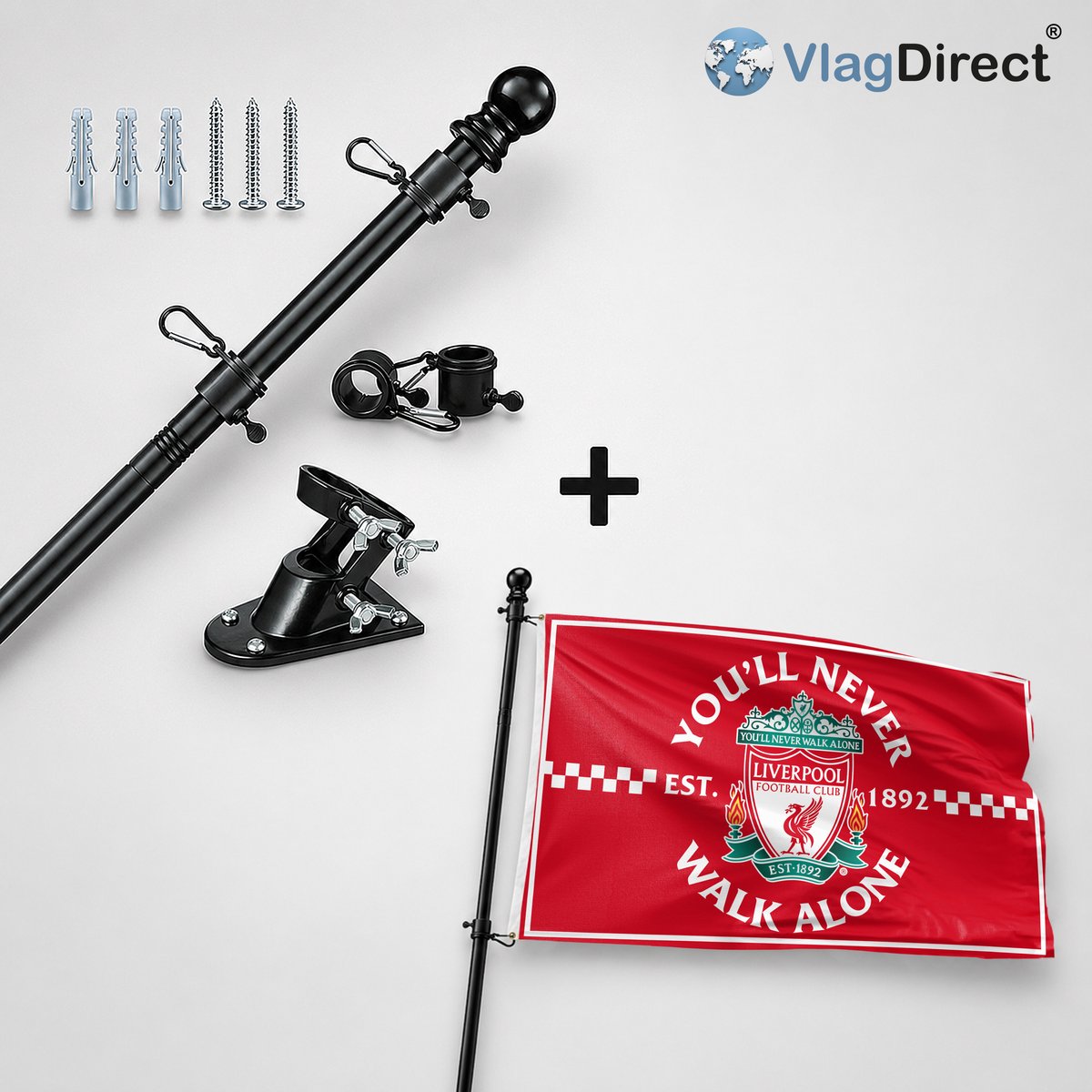 VlagDirect - Compleet vlaggenpakket - Zwarte vlaggenstok inclusief vlaggenstokhouder + Liverpool F.C. vlag - 90 x 150 cm.