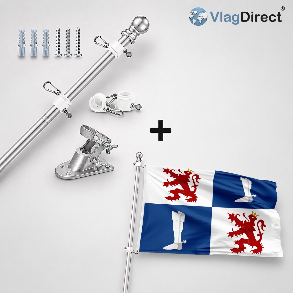 VlagDirect - Compleet vlaggenpakket - Zilveren vlaggenstok inclusief vlaggenstokhouder + Linterse vlag - Gemeente Linter vlag - 90 x 150 cm.