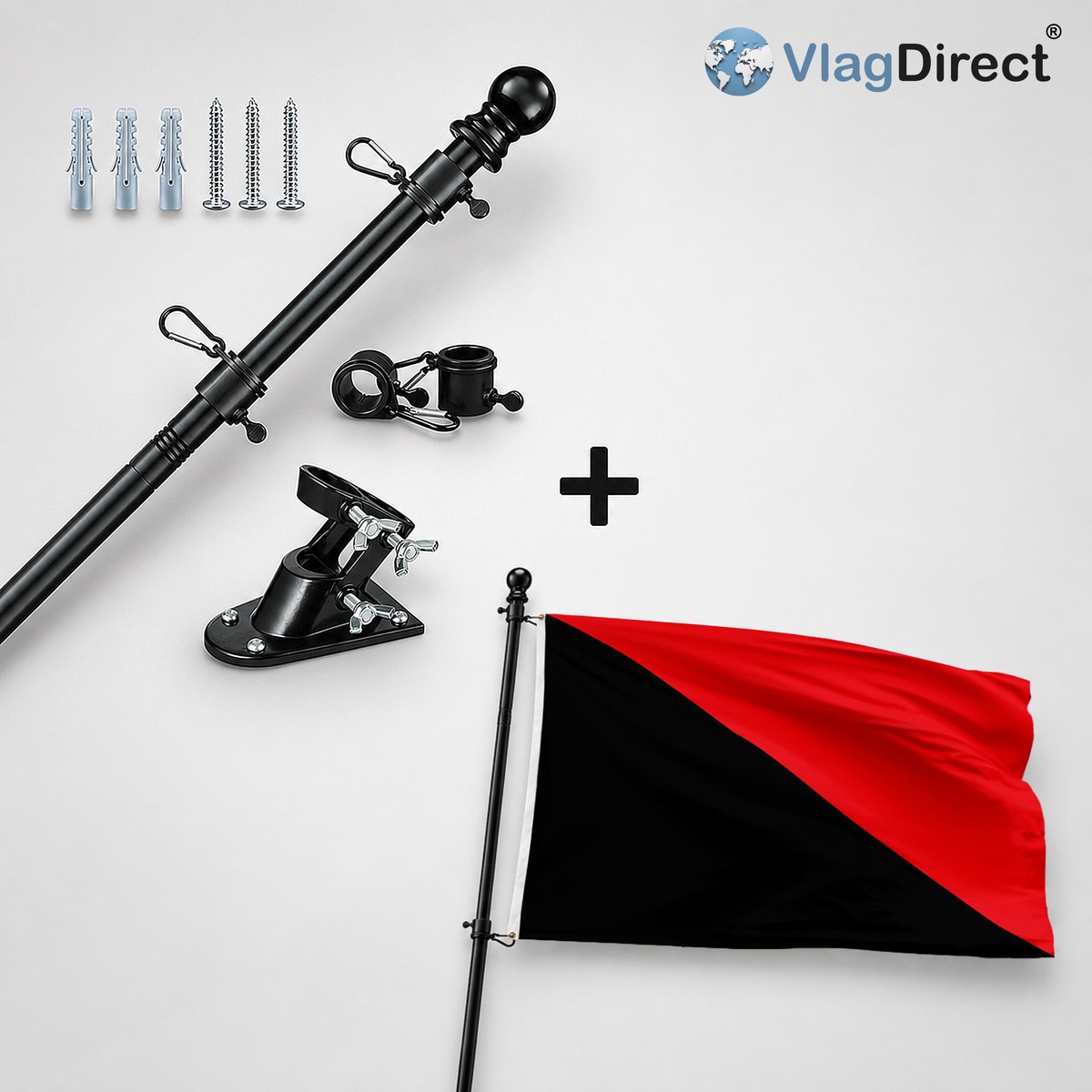 VlagDirect - Compleet vlaggenpakket - Zwarte vlaggenstok inclusief vlaggenstokhouder + Gemeente Sambreville vlag - 90 x 150 cm.