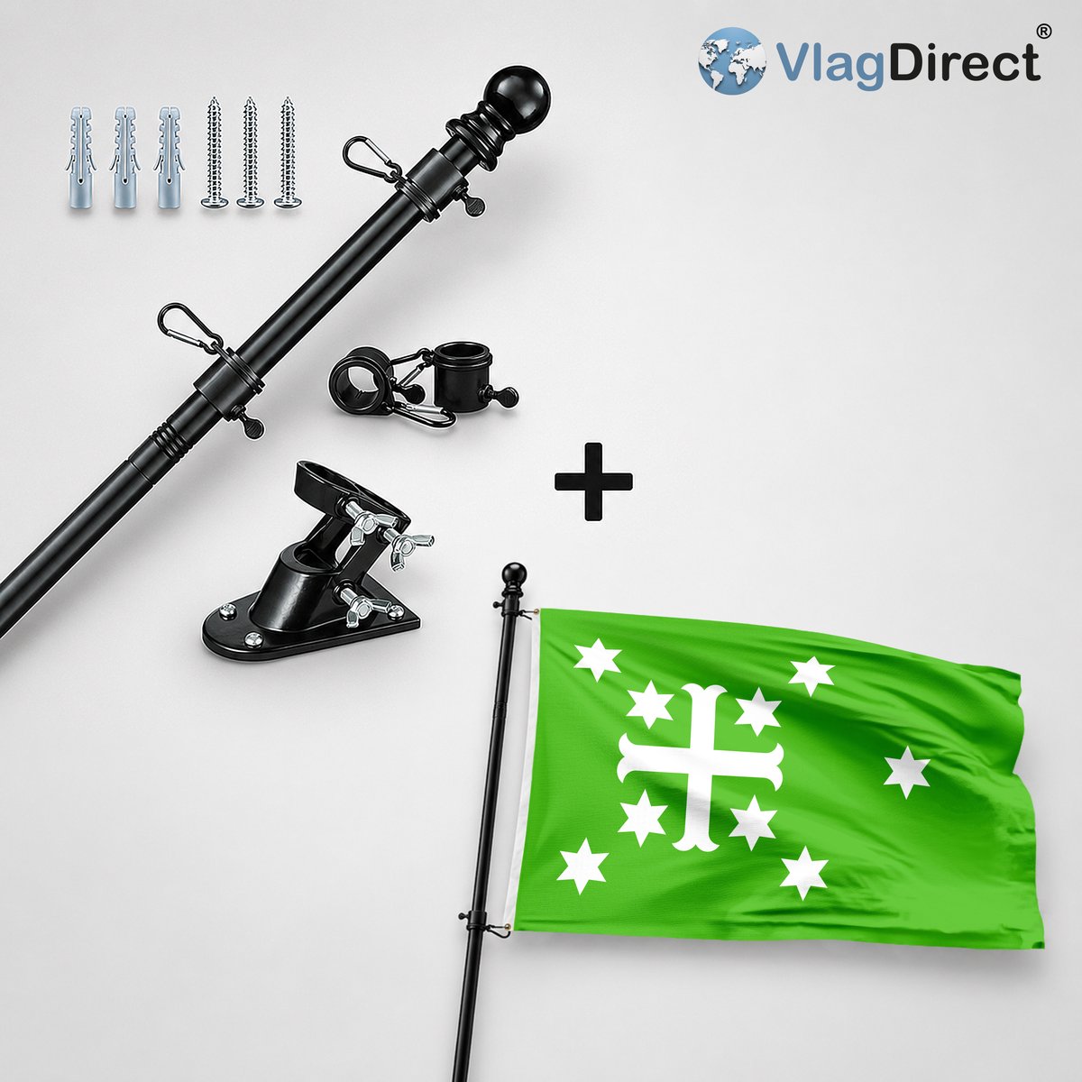 VlagDirect - Compleet vlaggenpakket - Zwarte vlaggenstok inclusief vlaggenstokhouder + Gemeente Estinnes vlag - 90 x 150 cm.