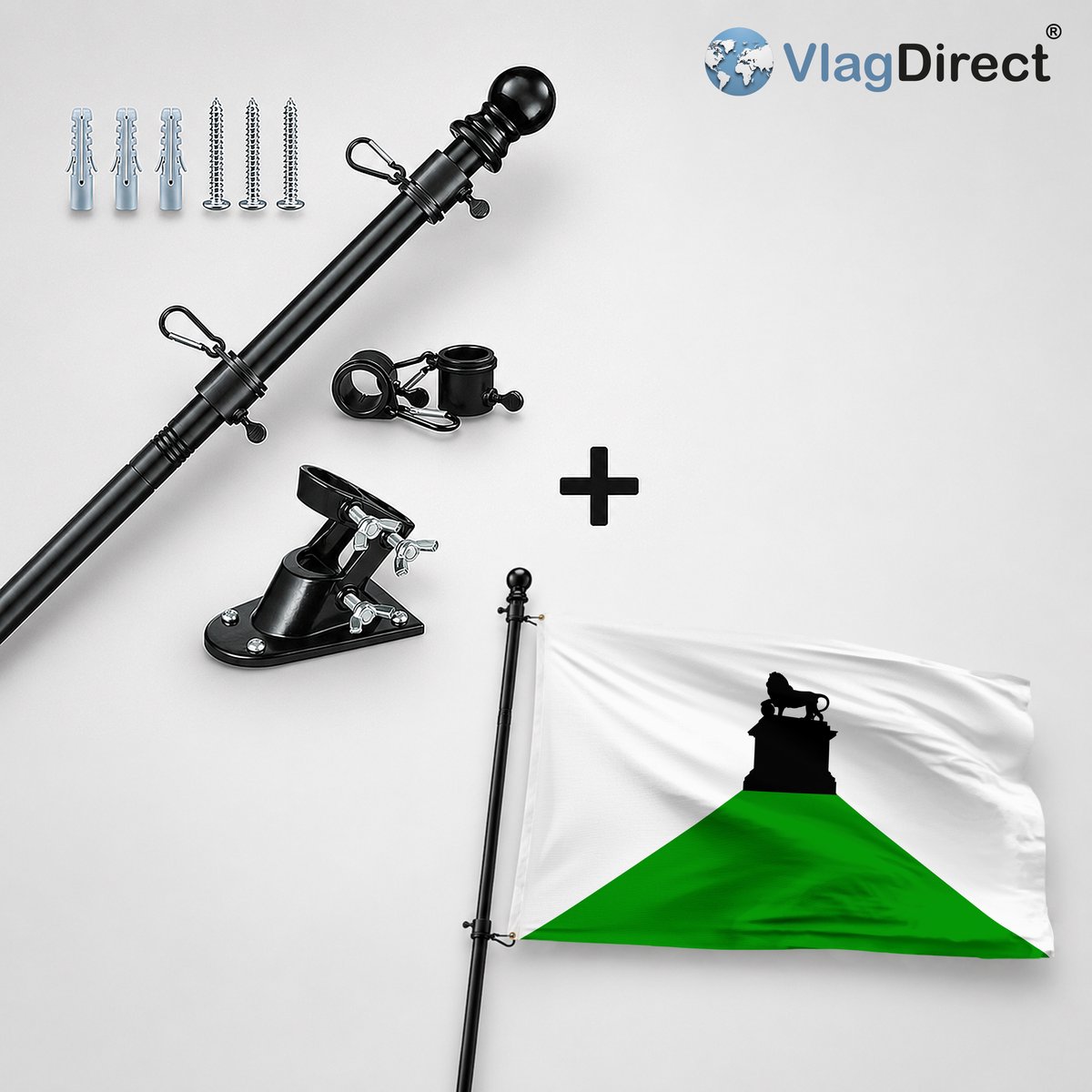 VlagDirect - Compleet vlaggenpakket - Zwarte vlaggenstok inclusief vlaggenstokhouder + Gemeente Waterloo vlag - 90 x 150 cm.