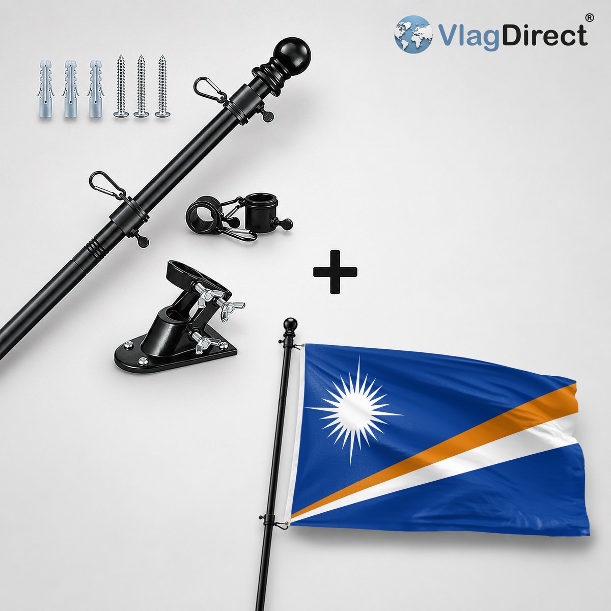 VlagDirect - Compleet vlaggenpakket - Zwarte vlaggenstok inclusief vlaggenstokhouder + Marshalleilandse vlag - Marshalleilanden vlag - 90 x 150 cm