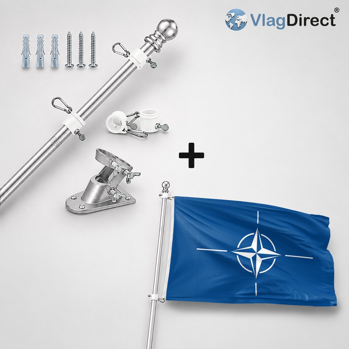 VlagDirect - Compleet vlaggenpakket - Zilveren vlaggenstok inclusief vlaggenstokhouder + NAVO vlag - NATO vlag - 150 x 225 cm - XL vlag.