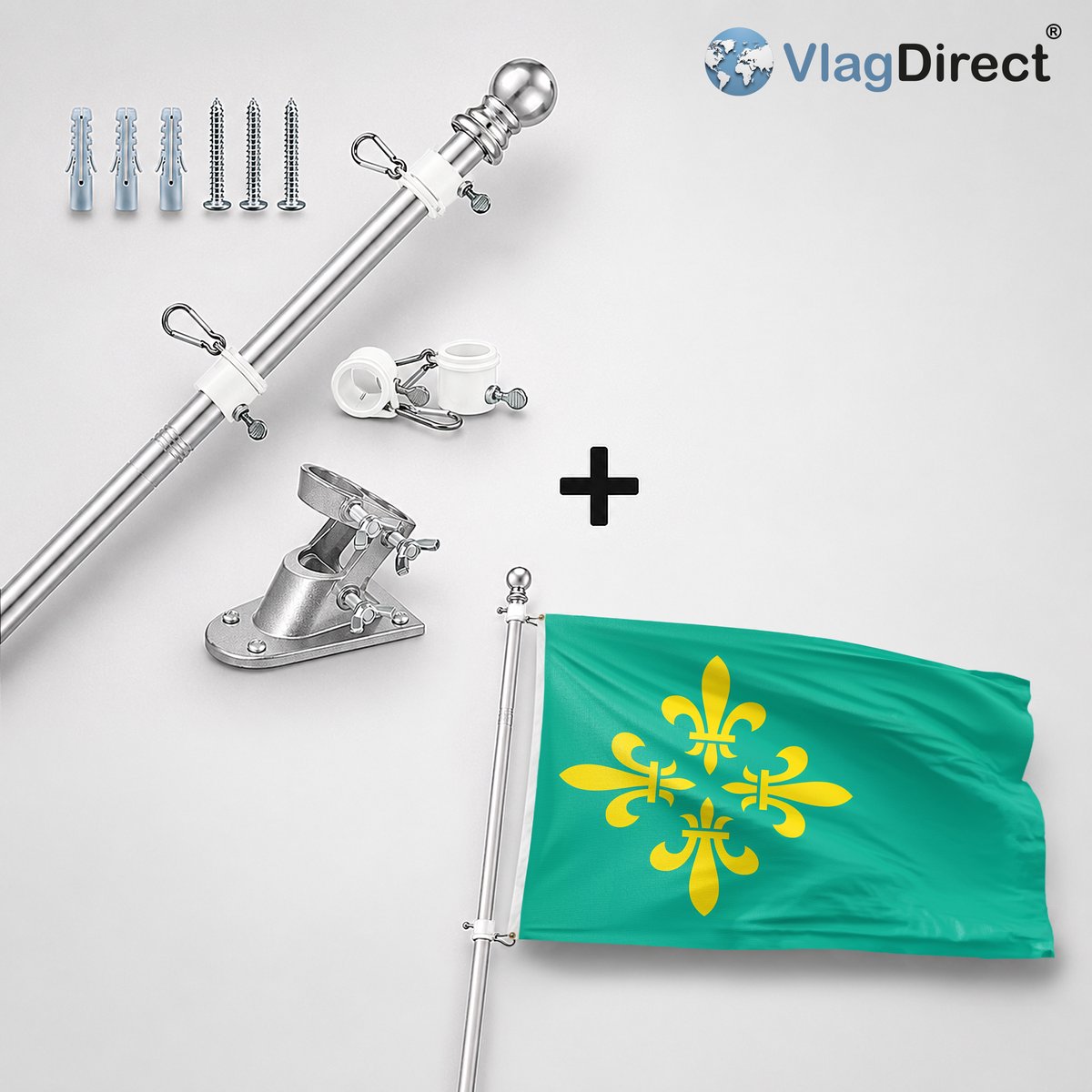 VlagDirect - Compleet vlaggenpakket - Zilveren vlaggenstok inclusief vlaggenstokhouder + Midden-Drenthe vlag - Gemeente Midden-Drenthe vlag - 90 x 150 cm.