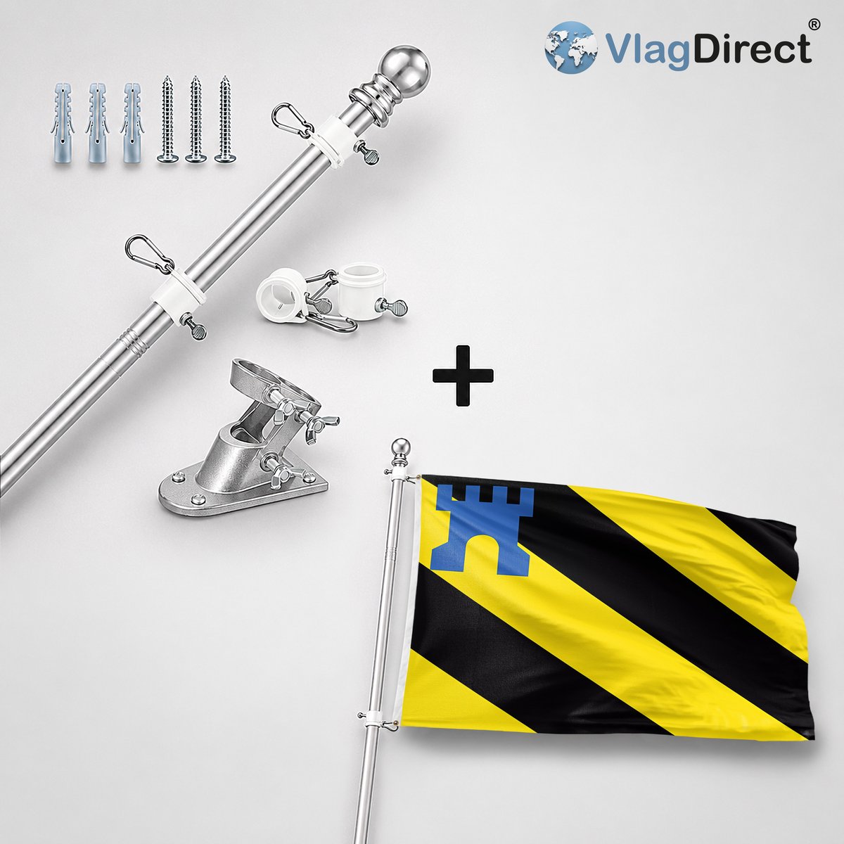 VlagDirect - Compleet vlaggenpakket - Zilveren vlaggenstok inclusief vlaggenstokhouder + Medemblik vlag - Gemeente Medemblik vlag - 90 x 150 cm.