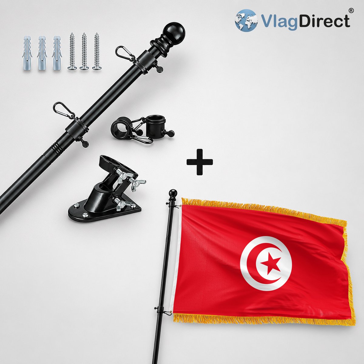VlagDirect - Compleet vlaggenpakket - Zwarte vlaggenstok inclusief vlaggenstokhouder + Luxe Tunesische vlag - Luxe Tunesië vlag - 90 x 150 cm - Franjes.
