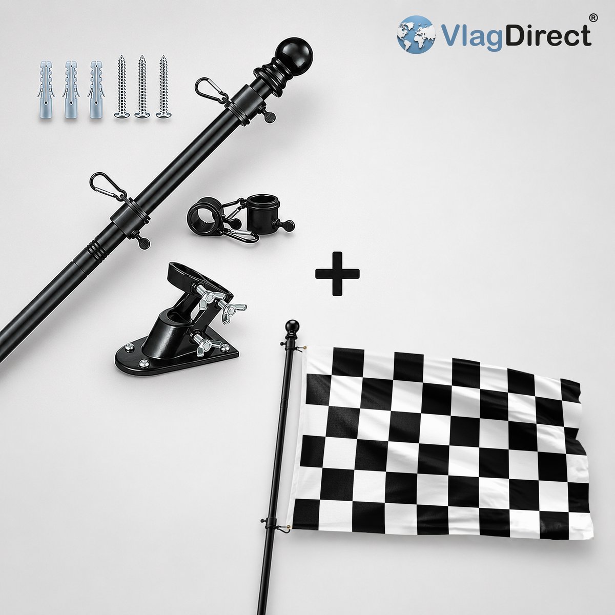 VlagDirect - Compleet vlaggenpakket - Zwarte vlaggenstok inclusief vlaggenstokhouder + Start vlag - Begin race vlag - 90 x 150 cm.