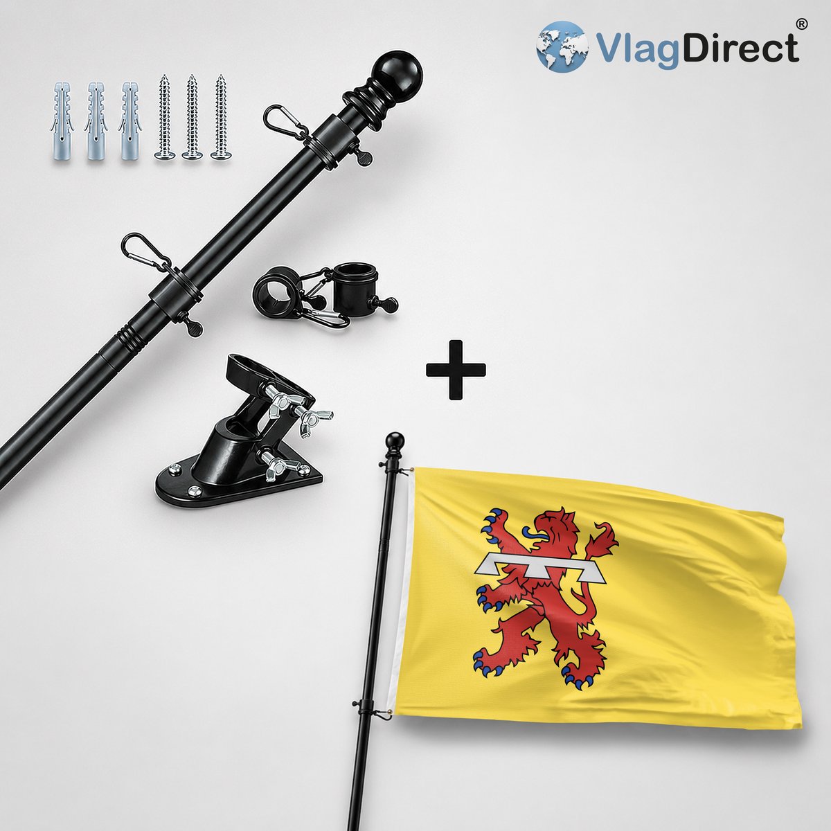 VlagDirect - Compleet vlaggenpakket - Zwarte vlaggenstok inclusief vlaggenstokhouder + Teylingen vlag - Gemeente Teylingen vlag - 90 x 150 cm.