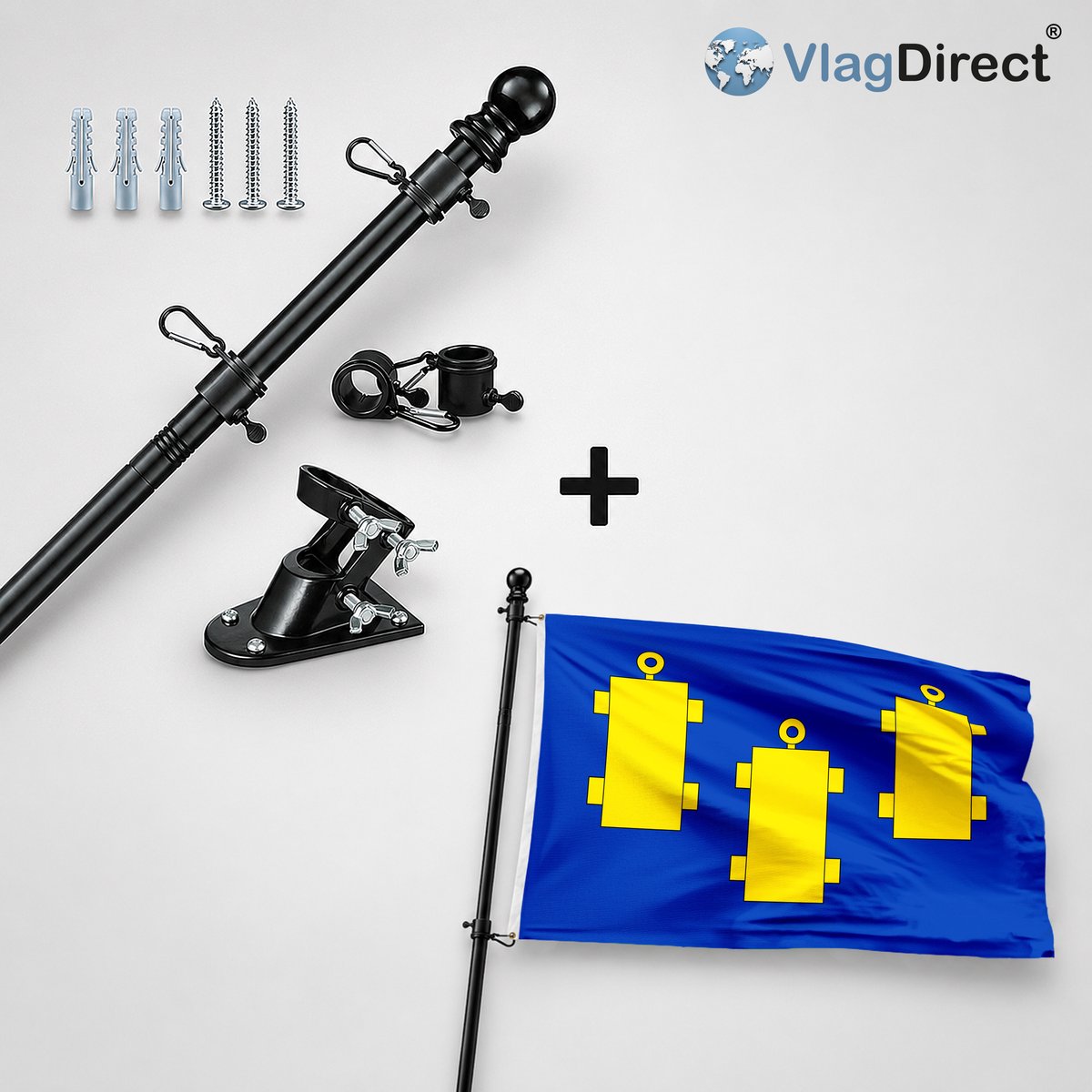 VlagDirect - Compleet vlaggenpakket - Zwarte vlaggenstok inclusief vlaggenstokhouder + Schelse vlag - Gemeente Schelle vlag - 90 x 150 cm.