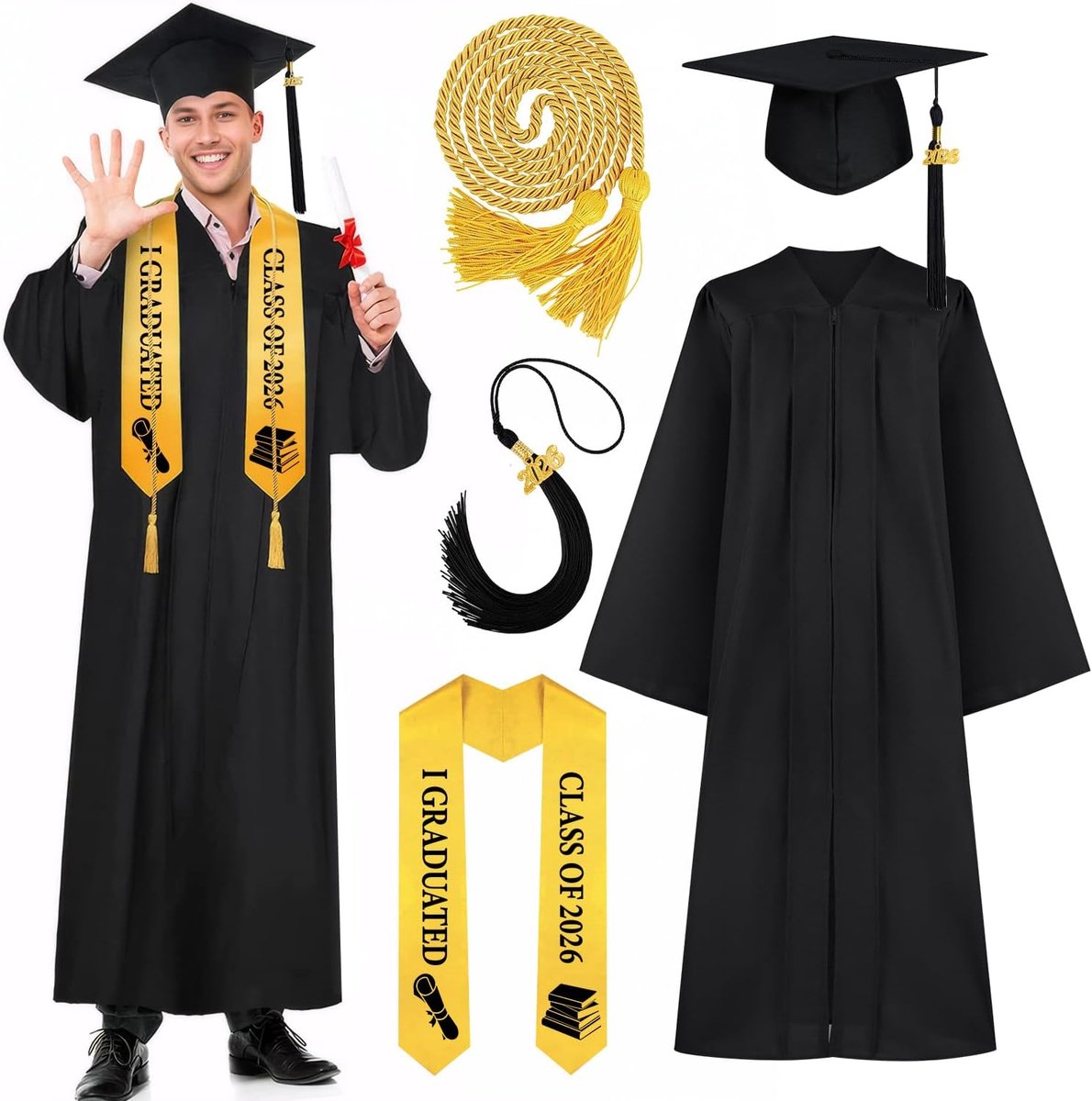 Gowns Adult Graduation Gown Graduation with Hat and Tassel 2025 Graduation Dress Set 2025 Stole and Tassel Three-Year - ShopVlot