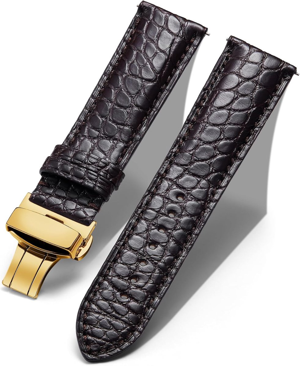 BINLUN Watch Band Circular Crocodile Embossed Strap Crocodile Leather with Butterfly Buckle Stainless Steel Black - ShopVlot