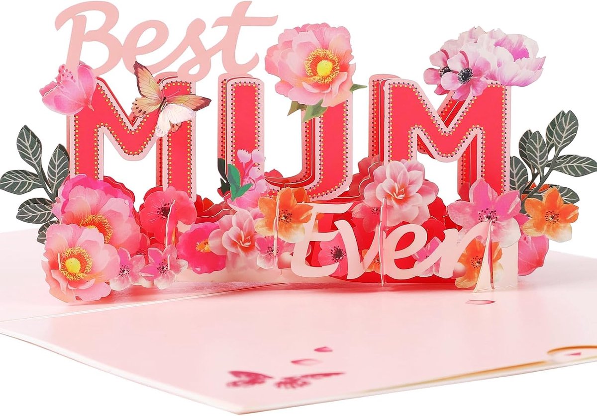 Moederdagkaart 3D pop-up - rood - met bloemen en vlinders - speciaal geschenk voor mama - ShopVlot