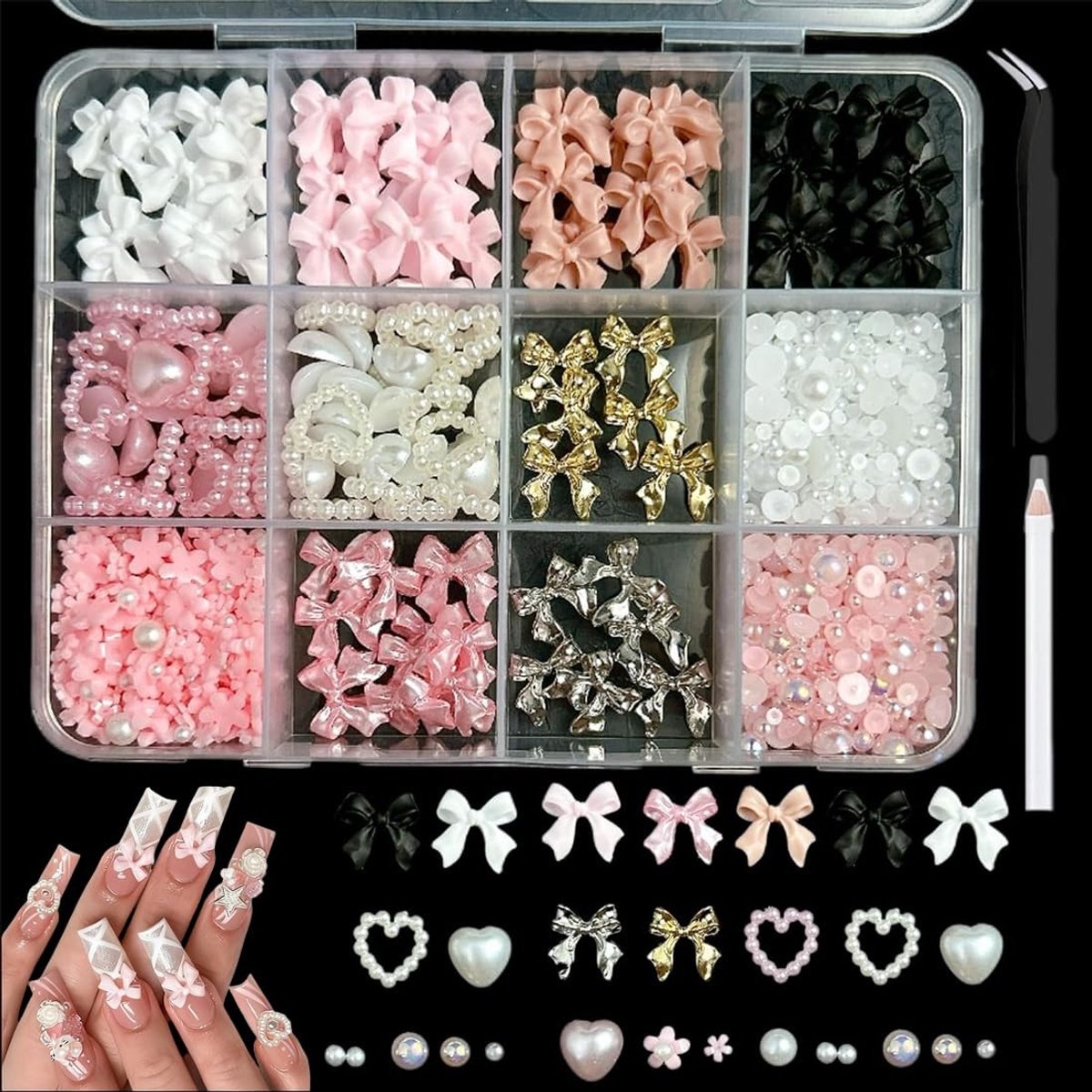 Solidchoice - Set van 12 Decoratieve Nagelaccessoires met Parels en Bloemen