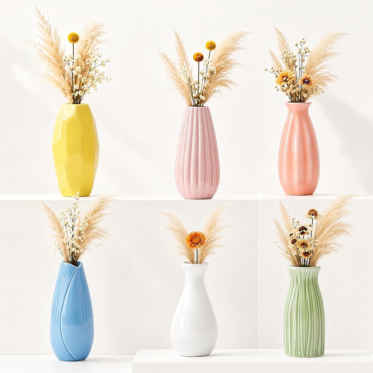 Kleine keramische vazen set van 6 - kleurrijke glanzende glazuur - moderne boho stijl - ShopVlot
