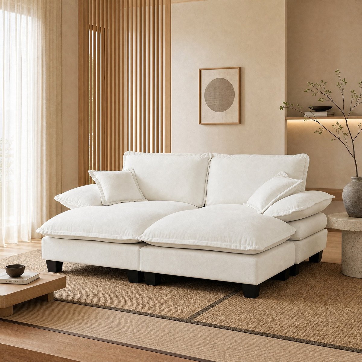 DESMIU Hoekbank - Modulaire Hoekbank - 4-Zits - Met 2 Verplaatsbare Ottomanen En 2 Kussens - Voor Woonkamer En Appartement - Chenille Beige
