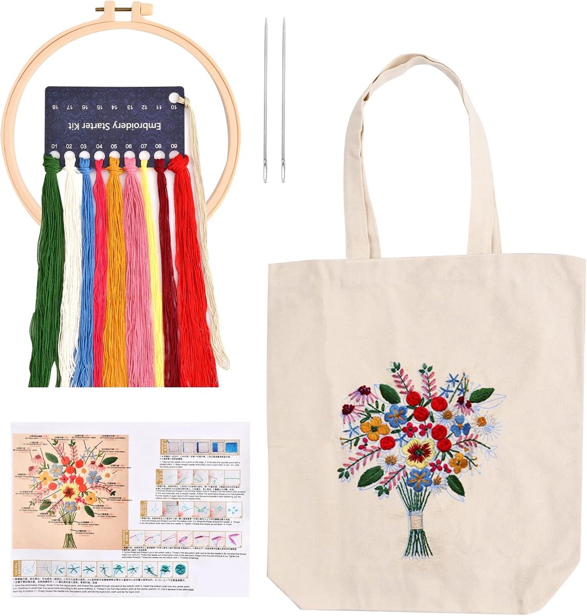 Canvas tote bag borduurset voor beginners - witte borduurtas met bloemenpatroon - ShopVlot