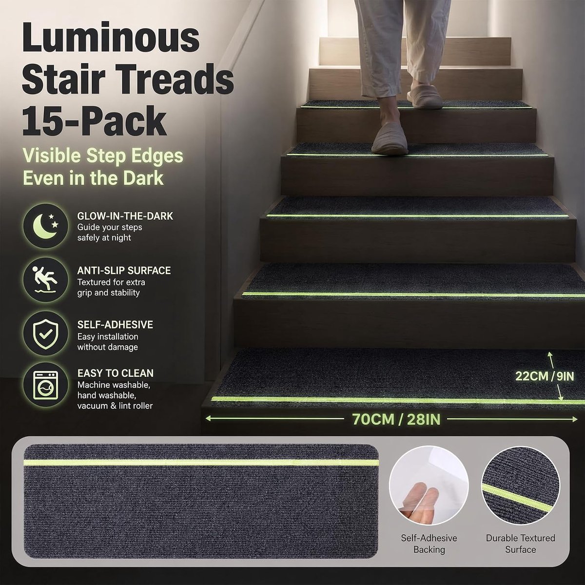 Trapmatten 76 x 20 cm - zelfklevend - antislip - verhoogde veiligheid voor trappen - ShopVlot