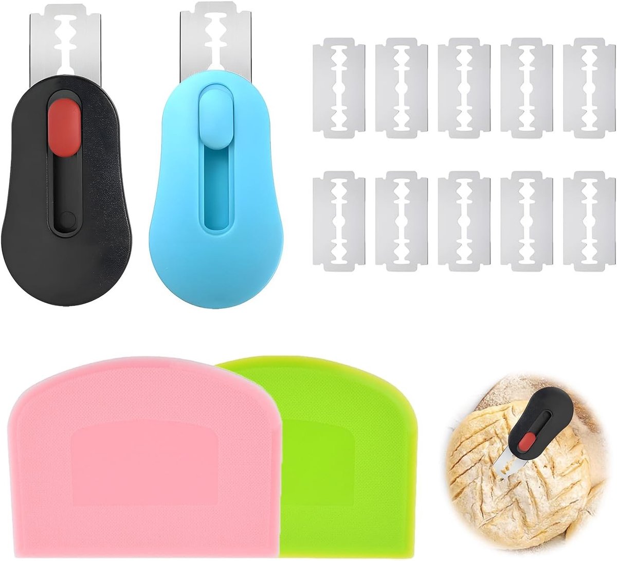 Bakkersmessenset - Roestvrij staal - Compact - Met 12 scheermesjes en magnetische brooddeegsnijder - Voor Thuisbakkers