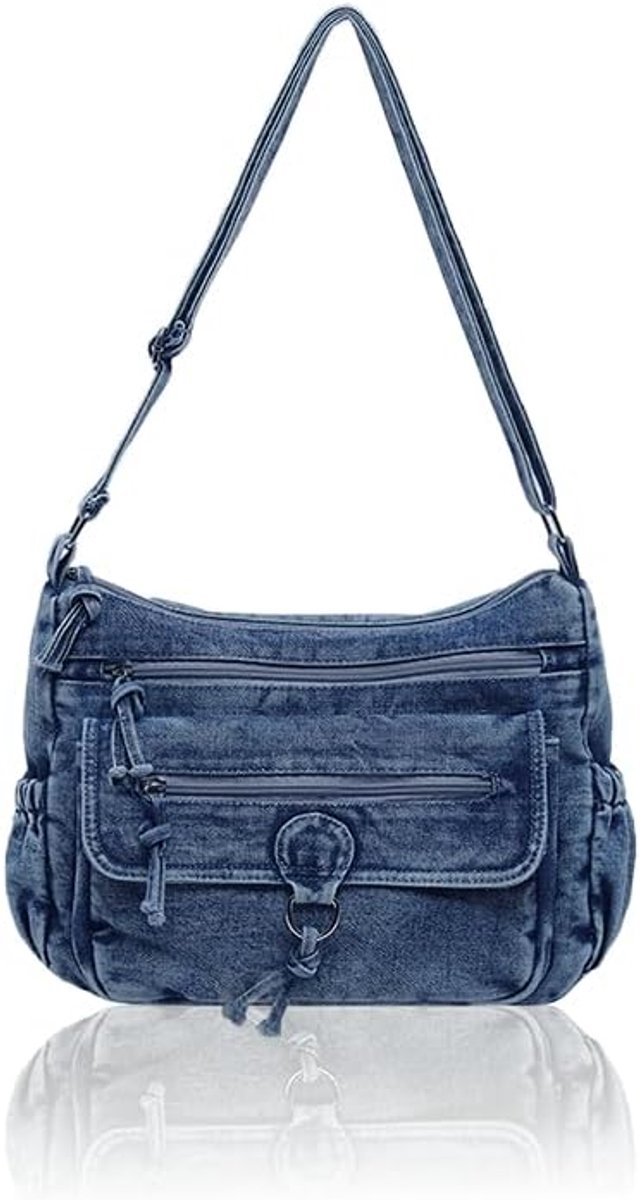 Schoudertas dames - denim - ritsluiting - 7 vakken voor optimale organisatie - ShopVlot