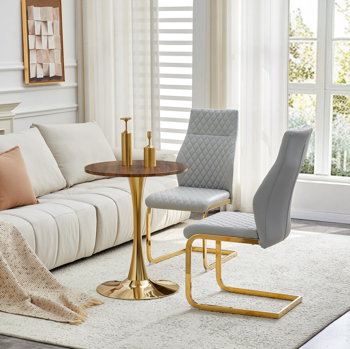 COVREO Tafel en stoelen set 60 cm, walnootlook, goud, MDF, 2 stoelen