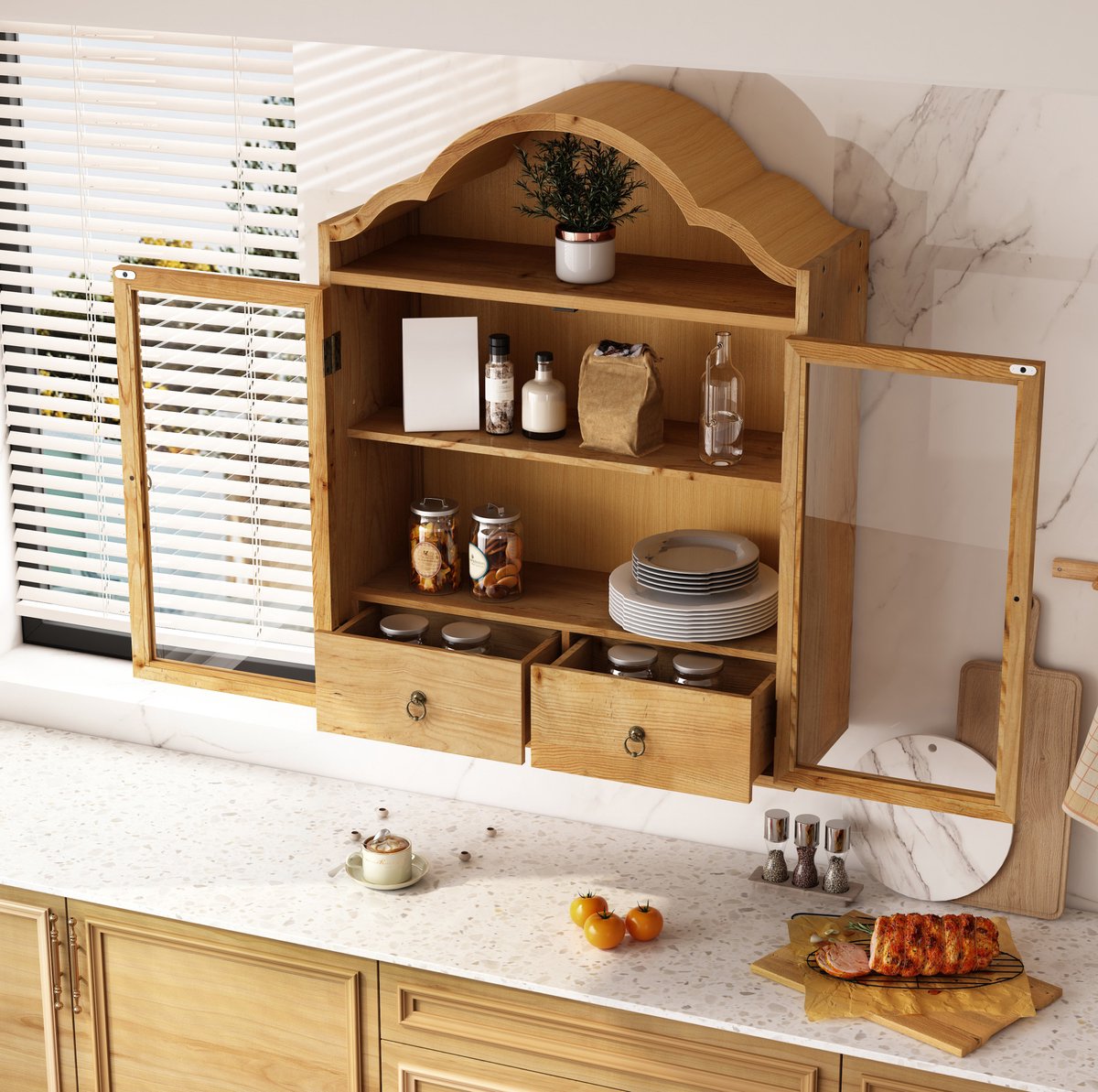 OKWISH Wandkast Retro Met Glazen Deuren En 2 Lades Verstelbare Planken Voor Keuken Badkamer En Woonkamer Naturel Hout 60x22x76,5 Cm