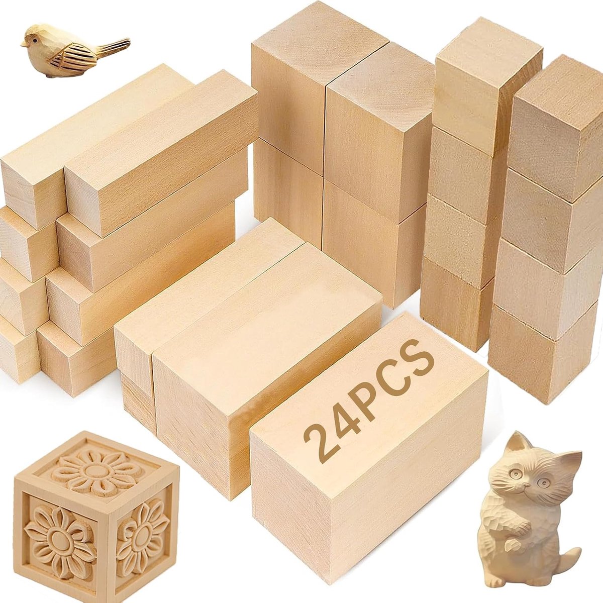 24 stuks houtbewerking snijblokken, 4 maten zacht houtsnijhout, onafgewerkte houtblokken voor beginners Whittling - ShopVlot