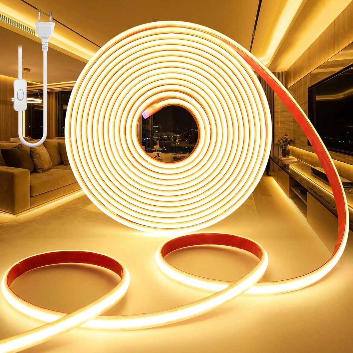 BRIMETI COB LED Strip 2M 220V Warm Wit 3000K Buiten Waterdicht IP65 Ledstrip 320LEDs/M Zelf Adhesieve Flexibele - ShopVlot