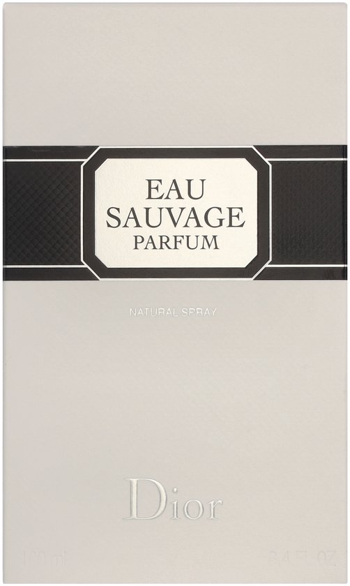 Grijze Dior Eau Sauvage Parfum doos met zwarte en zilveren band, Dior logo.