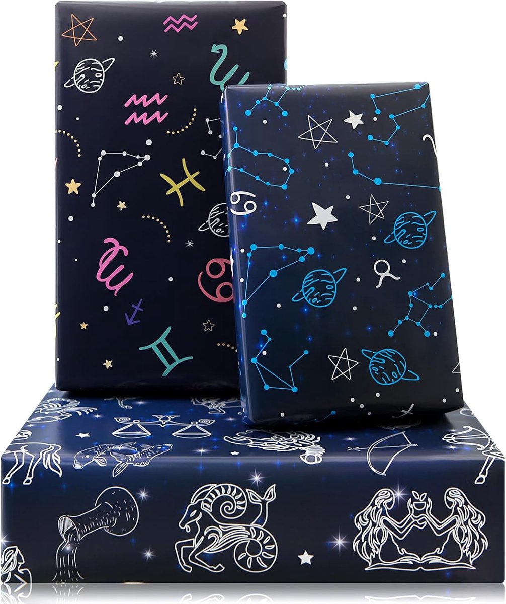 Boerni Starry Sky Inpakpapier - 6 gevouwen vellen 19,75" x 27,6" sterrenbeeld inpakpapier, zwart blauw hemelse - ShopVlot