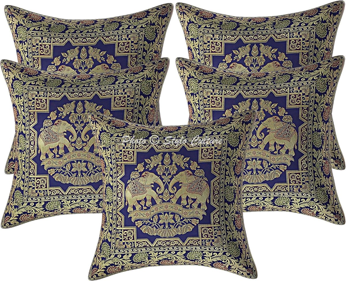 Indian Brocade Decorative Pillowcases 40 x 40cm Navy Blue Gold Elephant 16 x 16 Inch Jacquard Square Living Room - ShopVlot