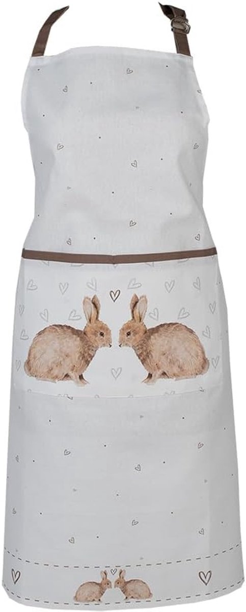 Clayre & Eef Kitchen Apron 70x85 cm White Brown Cotton Rabbit, White Brown - ShopVlot
