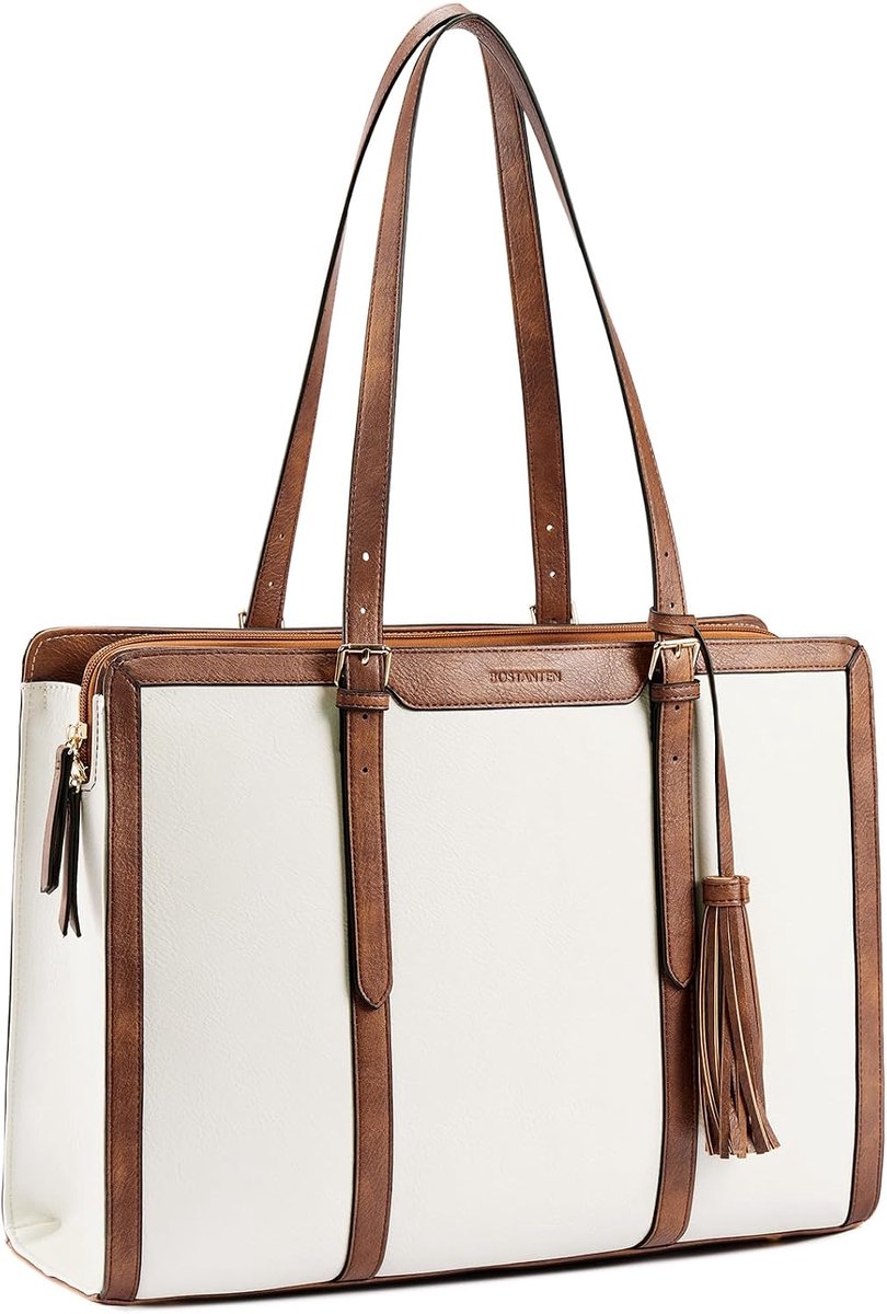 BOSTANTEN Women's leather bag shoulder bag women designer handbag 14 15.6 inch laptop bag tote bag, 5-beige-PU - ShopVlot