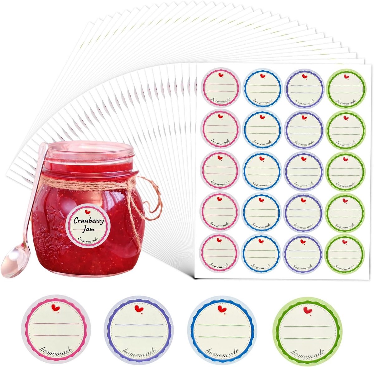 640 Stuks (4 Kleuren, 38mm) Zelfklevende Labels voor Jampotten, Verwijderbare Keukenlabels | Waterdichte Stickers voor Voedselopslag, Specerijpotten en Conserven | Restvrij en Herbruikbaar