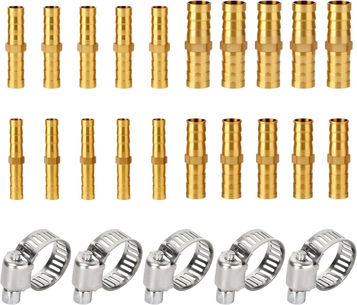 20 stuks slangverbinders messing 6 mm/8 mm/10 mm/12 mm slangverbindingsstukken, set met 10 slangklemmen, aansluiting - ShopVlot