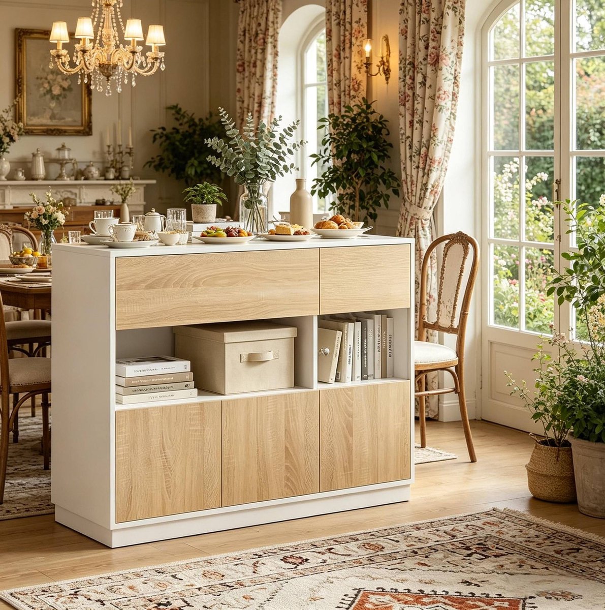 DESMIU Dressoir - Met Lade En Open Vak Voor Slimme Opbergruimte - Voor Hal, Woonkamer En Eetkamer - Bewerkt Hout - Wit En Lichte Eik - 100x40x80 Cm