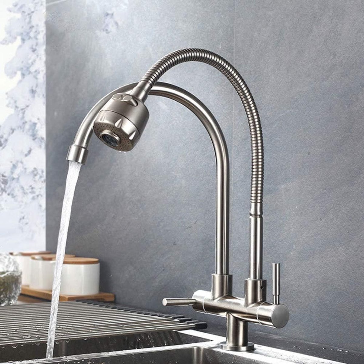 Keukenkraan Roterend - Enkel Koud - Dubbele Handgreep - Waterbesparend Effect - ShopVlot