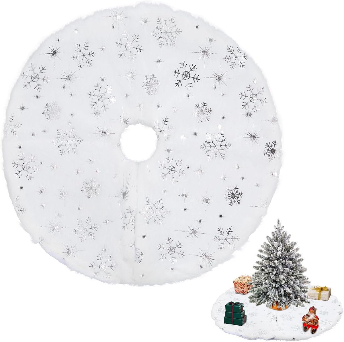 Kerstboomrok 15 inch - Witte kersttapijt - Zilver sneeuwvlokken - Creëer een feestelijke sfeer - ShopVlot