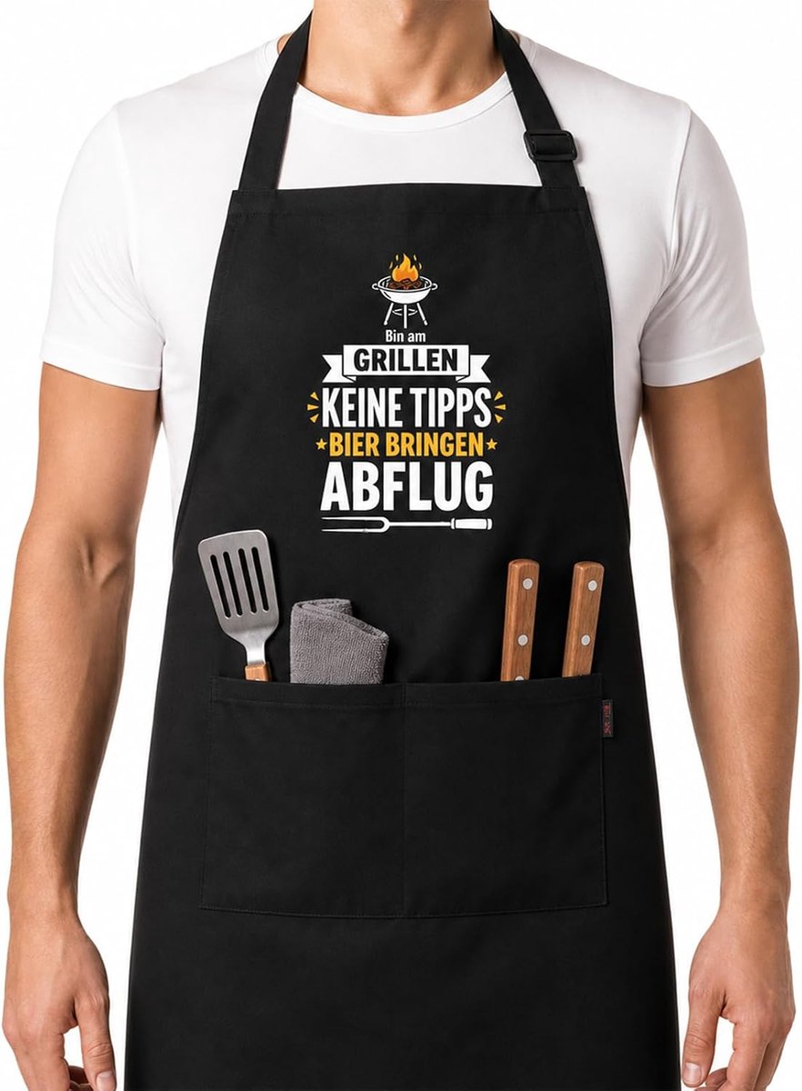 Grillschort voor mannen met spreuk Bin Am Grillen, schort heren zwart met 2 zakken, grappig cadeau kookschort BBQ - ShopVlot