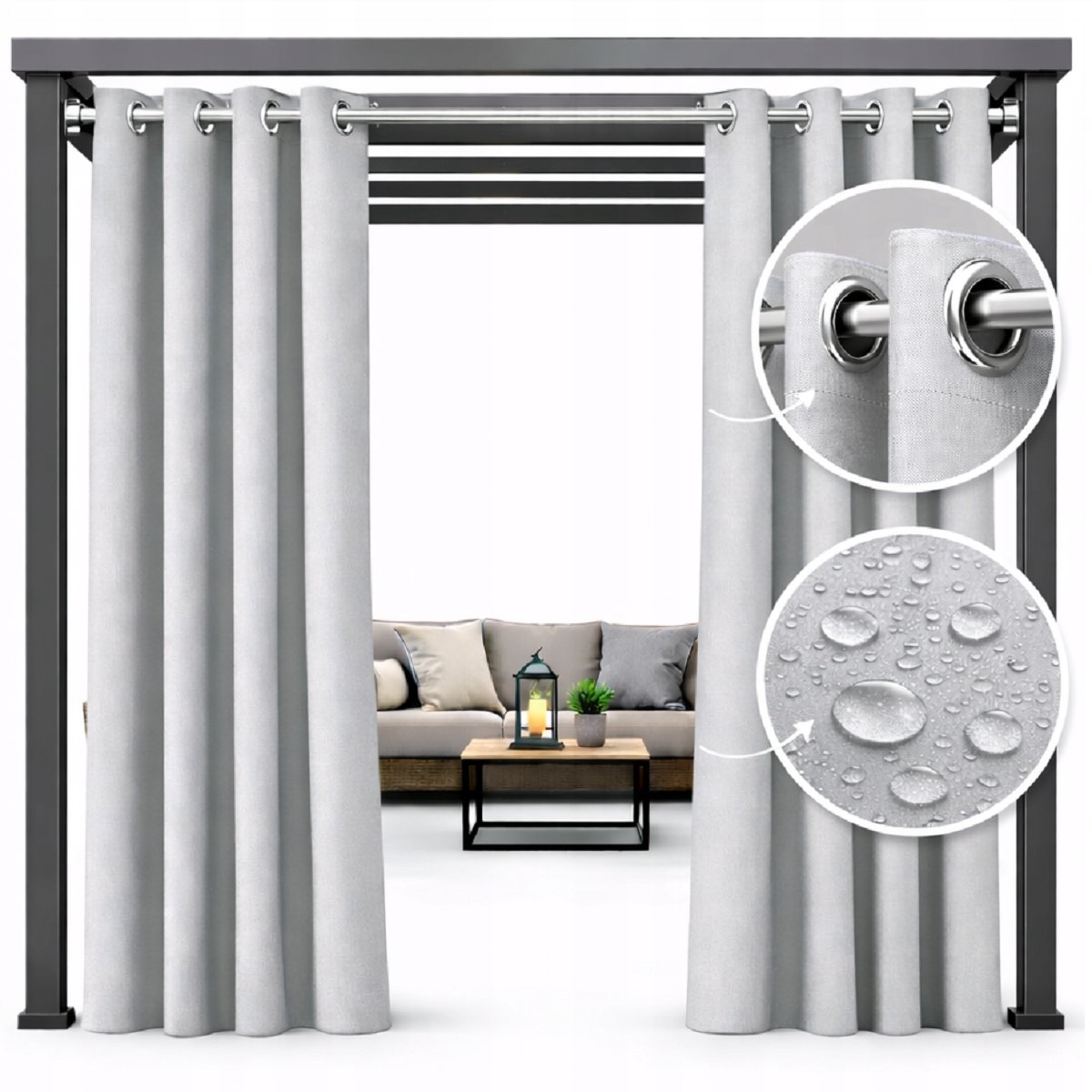 NOW-ART Tuingordijn - 200 × 220 cm - Waterafstotend - Lichtgrijs - Met ringen Grijs;Zilver
