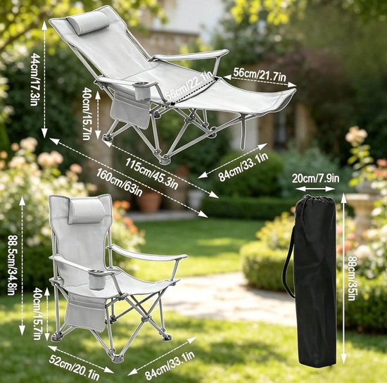 Campingstoel - Relaxstoel Met Verstelbare Rugleuning En Uitschuifbare Voetsteun - Voor Camping, Strand En Tuin - Staal Grijs — afbeelding 2