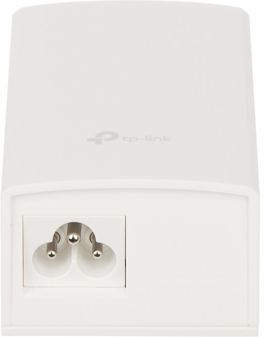 Witte TP-Link voedingsadapter met 3-pins stekker en ethernetpoorten.