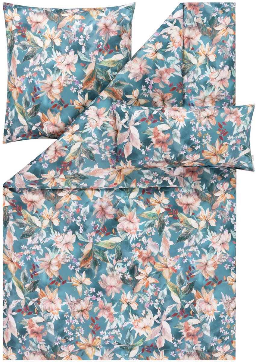 Estella Estera - Dekbedovertrekset van Mako-katoensatijn - 160 x 200 cm - 5-delig - Bloemenprint Groen