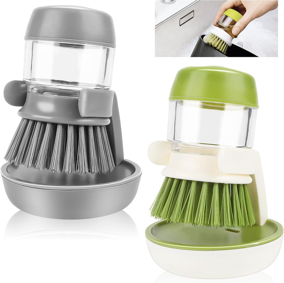 Afwasborstel Set - Keukenborstels - Hygiënisch Reinigen - Ingebouwde Dispenser - 2 Stuks - Groen Grijs