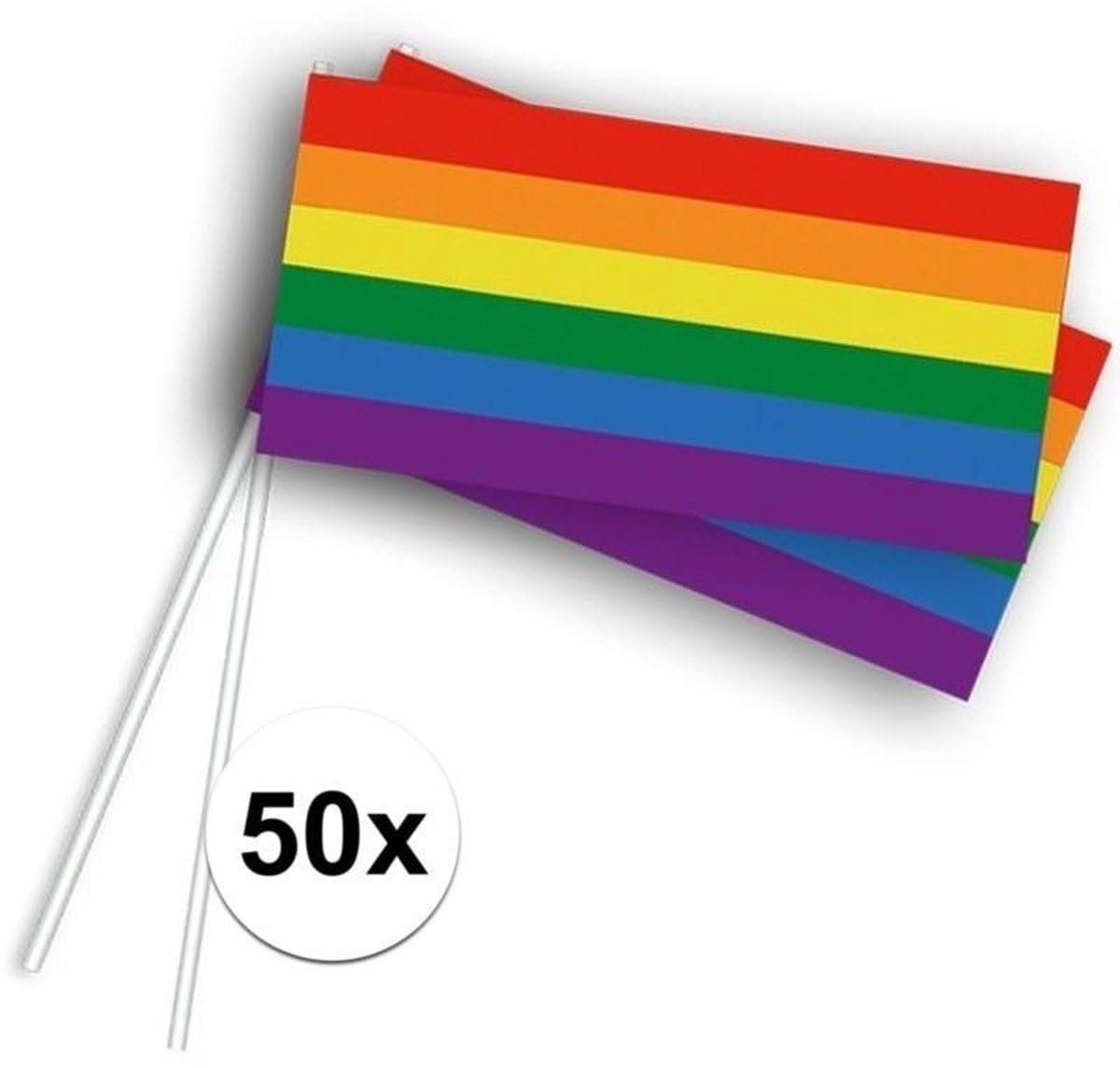 Okado Zwaaivlaggetjes Regenboog 50 Stuks – Pride Vlaggetjes met Houten Stok – Papieren Handvlaggen voor Parade, Festival, Feest en Evenement – 12 x 24 cm