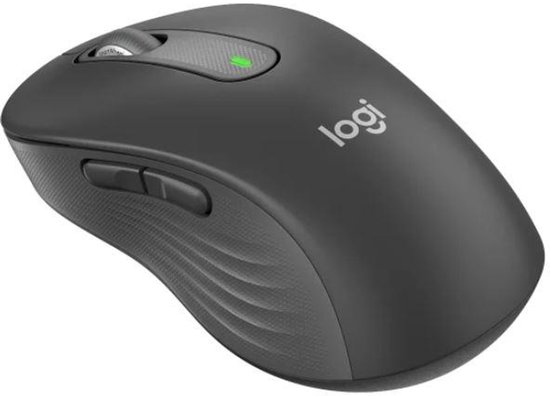 Grijze Logitech M650 L computer muis met scrollwiel en twee zijknopjes.