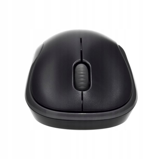 Zwart Logitech M185 muis van voren gezien, met grijs scrollwiel en grijze rand.