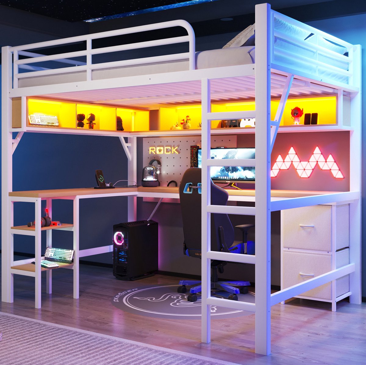 MEUNIQ Hoogslaper 140 x 200 cm met bureau, boekenrek, kast, lades, LED-verlichting en USB, metalen bedframe voor slaapkamer of kinderkamer, wit