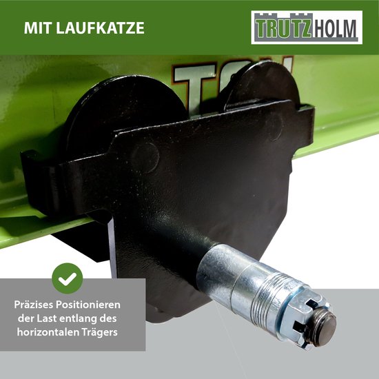 Close-up van de 'Laufkatze' (loopkat) op de groene portaalkraan. 'Präzises Positionieren der Last entlang des horizontalen Trägers' (precieze positionering van de last langs de horizontale balk).