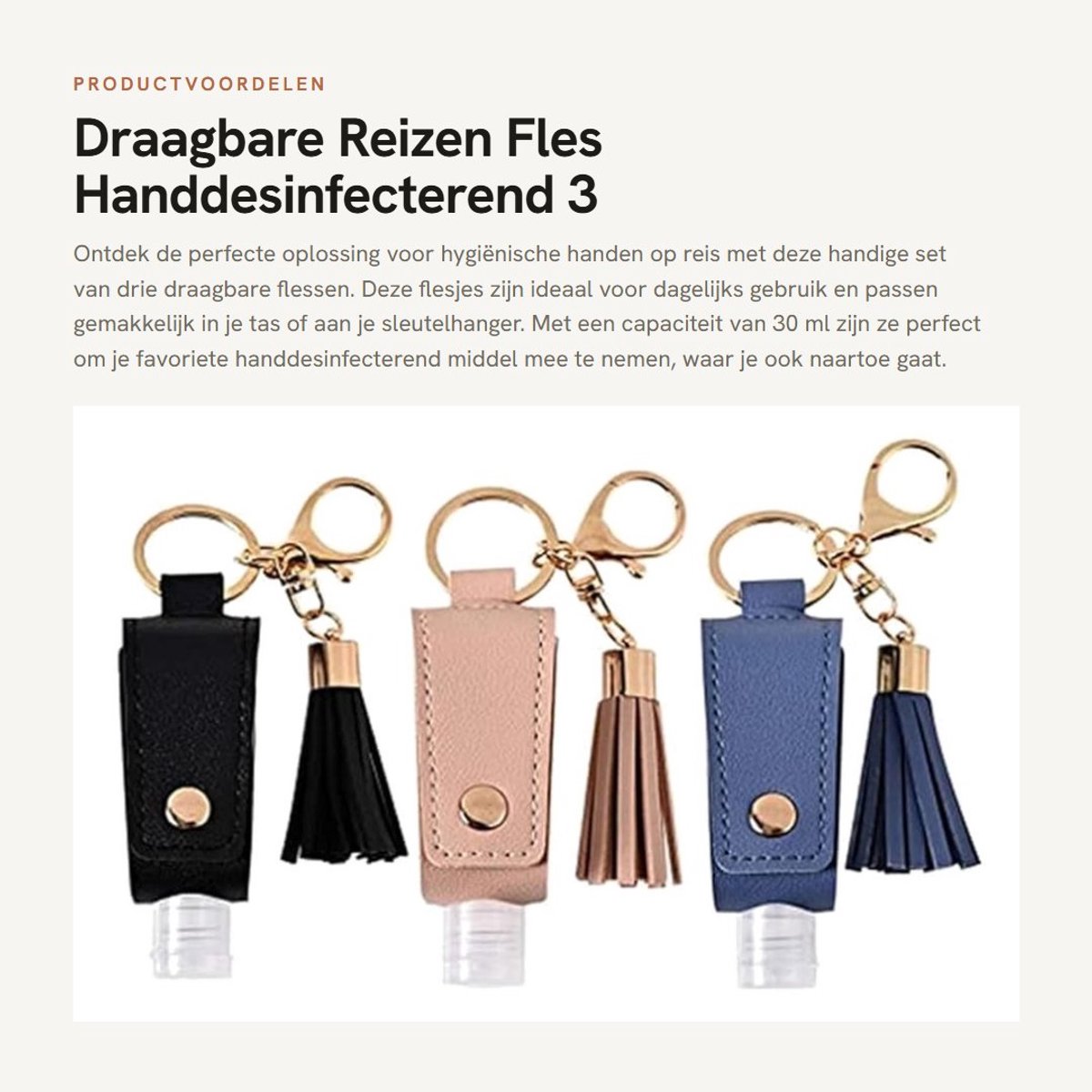 Dailygoods- Sanitizer Houder Draagbaar - 3-Pack Flesjes 30ml - Sleutelhanger - PU-leer - Lekvrij - Handdesinfecterend middel - Handdesinfecterend Flesje