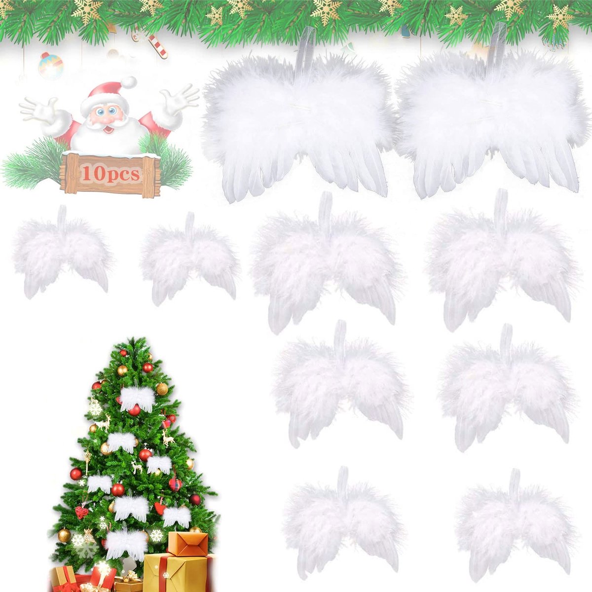Dailygoods- Kerstboomversieringen 10 stuks - Engelenvleugels/veren - Ornament om op te hangen - Decoratie voor kerstfeest - Veiligheidswaarschuwing - Afmetingen 18/16/12/10/8 cm - Kerstdecoratie
